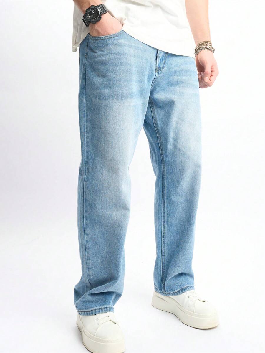 Manfinity Homme 男款休閒錐形牛仔褲，石青色