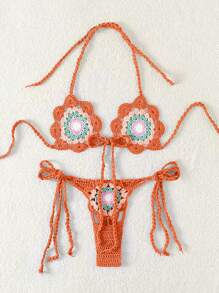 SHEIN Swim Women Simple Crochet Halter Cover Up Set Summer - Orange - View 6