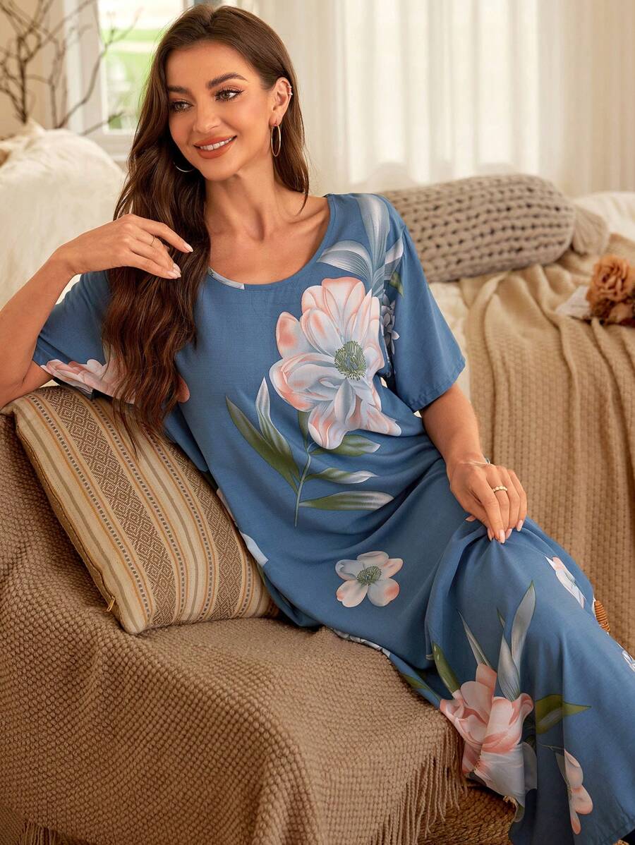 花卉印花蝙蝠袖睡衣长款睡裙 - 淺藍色 - 查看 1