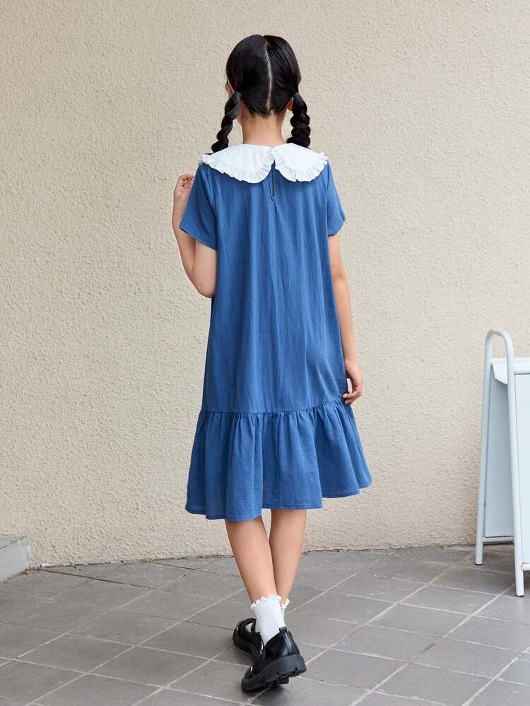 Tween Girl Loose Casual Big Lapel Patchwork Contrast Color Ruffle Hem Mid-Length Dress