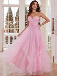 Vestido Longo de Formatura Elegante com Alças Finas Rosa, com Corpete Bordado e Saia de Tule com Babados, Perfeito para Festa - Rosa chiclete - Visão 2