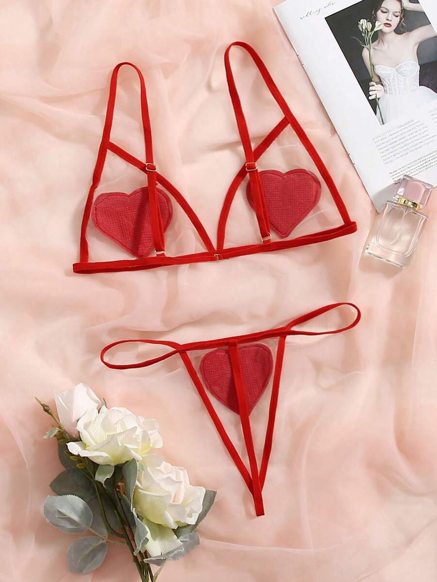 Heart Patched Mesh Lingerie Set Bridallingerie - Red - View 1