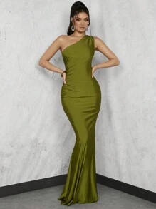 Glamine Wedding Guest Summer Elegant One Shoulder Asymmetrical Pleated High Waist Long Dress Women's Dress Maxi Women Outfit - Green - View 3
