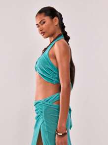 MUSERA Cross Front Detail Halter Neck Bra Crop Top Only Summer Ibiza - Green - View 3