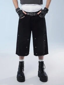 Manfinity Denimwave Men's Wide-Leg Loose-Fit Denim Shorts With Raw Hem And Mid-Length, With Front And Back Pockets, Streetwear - Black - View 1