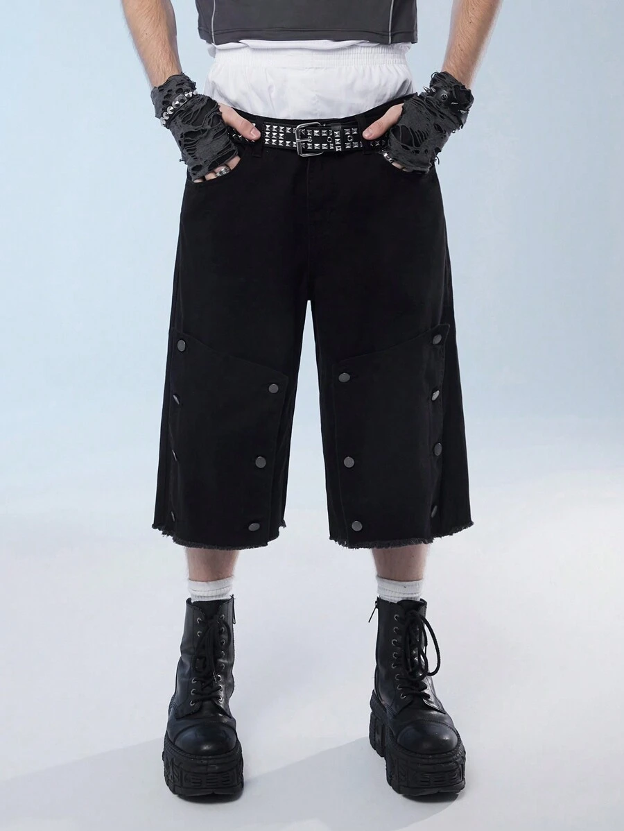 Manfinity Denimwave Men's Wide-Leg Loose-Fit Denim Shorts With Raw Hem And Mid-Length, With Front And Back Pockets, Streetwear - Black - View 1