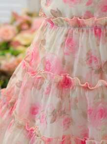 SHEIN Glamorique Kids Young Girl Elegant Summer Floral Digital Print Chiffon Dress With Spaghetti Strap & Bow Decor, Fashion Cake Dress - Pink - View 6