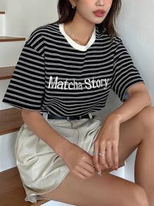 DAZY 女式夏季条纹字母印花圆领休闲落肩袖T恤，图案T恤 - 黑色 - 查看 8