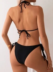 SHEIN Swim Women's Summer Beach Solid Color Metal Shell Embellished Halter Neck Tie Sexy Bikini Set - Black - View 2