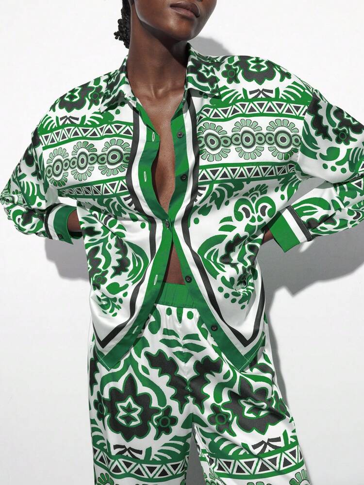 SHEIN Maija Women's Vintage Style Print Buttoned Shirt, Summer Casual