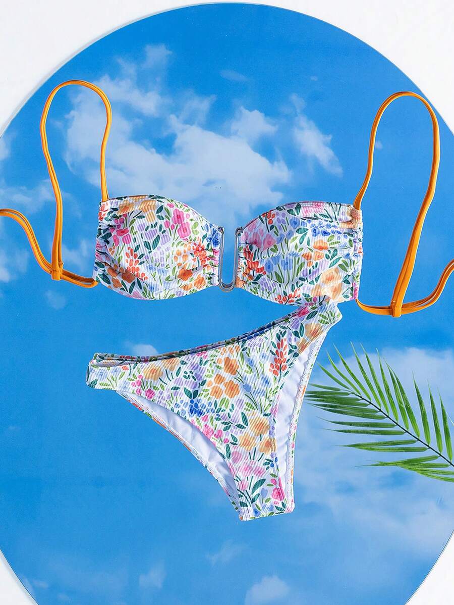 SHEIN Swim 女士夏季海灘花卉印花性感比基尼套裝 - 彩色 - 查看 1