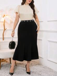 Modelyn Plus Stand Neck Blouse & Skirt Without Belt For Summer 2 Pieces Set - Black and White - View 2