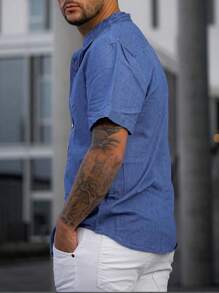 Men's Solid Color Short Sleeve Casual Comfortable Shirt, Summer - Royal Blue - View 2