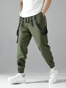 Men's Drawstring Waist Contrast Tape Casual Cargo Pants - Army Green - View 1