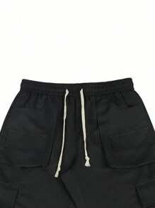 Claim Dot 男士休闲纯色抽绳腰工装裤，秋季 - 黑色 - 查看 5