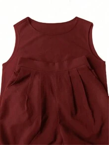 Simple Solid Color Casual Pants And Vest 2pcs/Set - Burgundy - View 3