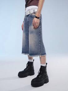 Manfinity Roghcode Quần short denim giản dị cho nam, phong cách đường phố - Rửa tối - Xem 5