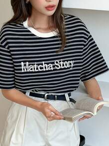 DAZY 女式夏季条纹字母印花圆领休闲落肩袖T恤，图案T恤 - 黑色 - 查看 1