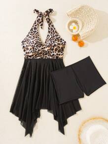 Swim Lushoire Women's Leopard Print Mesh Splice Summer Beach Swimsuit Set, Including Bikini Top And Bottom, Random Print - Multicolor - View 3