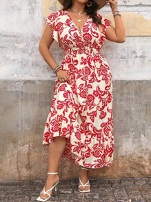 Flirla Plus Size Holiday Leisure Dress With Allover Print Half-Sleeve And Gathered Waist, Long Style - Multicolor - View 5