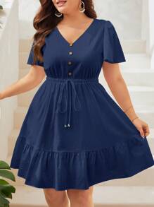 SHEIN VCAY 加大號蝴蝶袖荷葉邊打結前襟裙 - 藏蓝色 - 查看 5