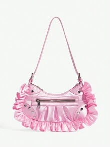 SHEIN ICON 女性時尚個性化Y2K粉色蕾絲機車風hobo肩背包，適用於街頭時尚和酷女孩 - 粉色 - 查看 1