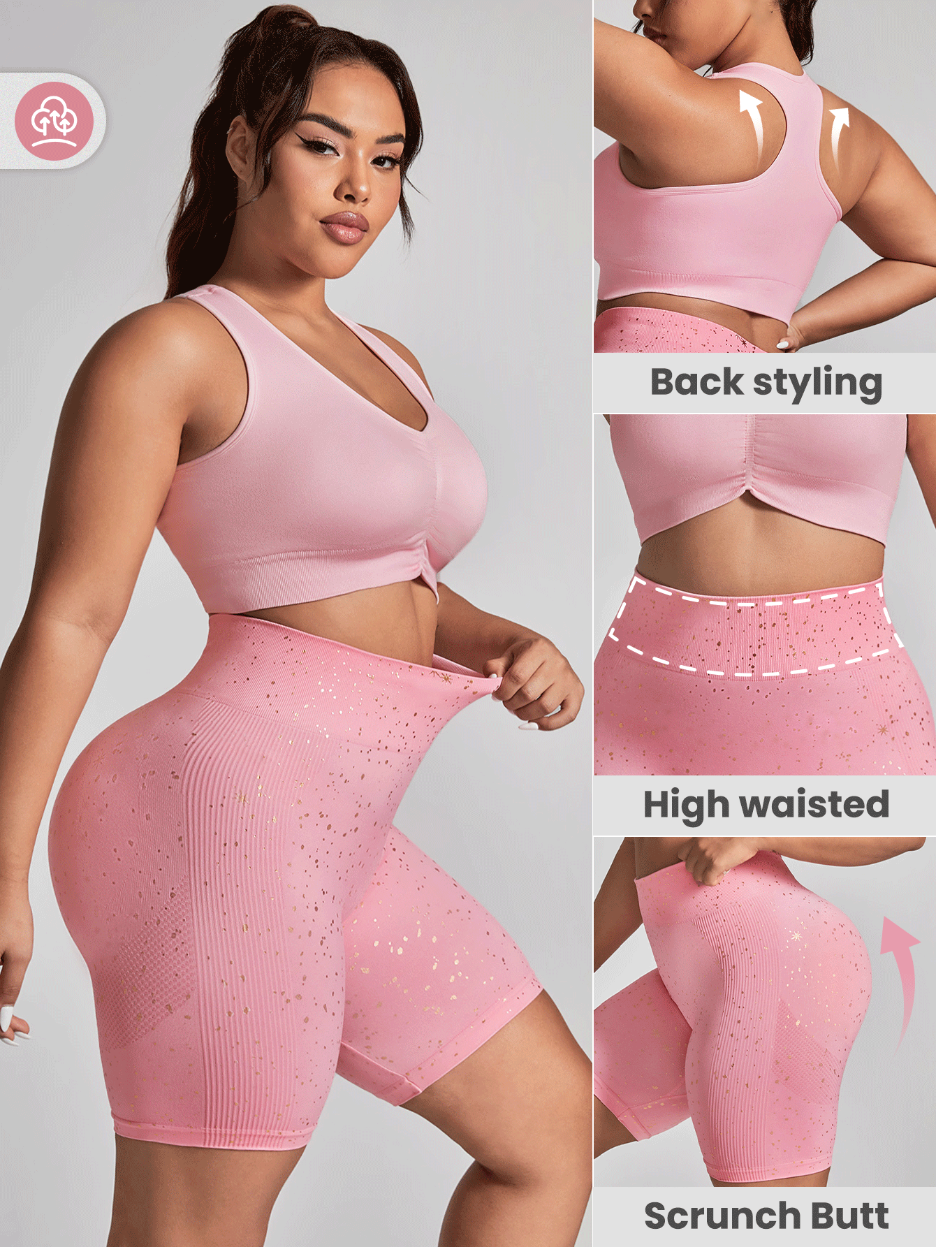 Easithlete Plus Size Women's High Waist Shorts And Sports Bra Set - Pink - View 3