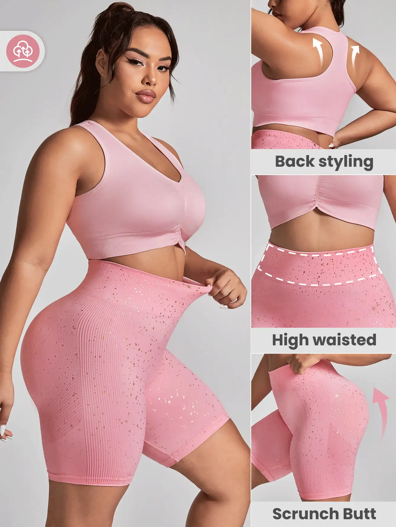 Easithlete Plus Size Women's High Waist Shorts And Sports Bra Set - Pink - View 3
