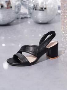 Women's Casual Versatile Black Leather High Heel Sandals With Wide Straps And Ankle Strap, Suitable For Thanksgiving, Halloween, Christmas - Black - View 7