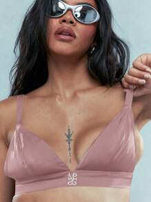 MISSGUIDED Embroidered Logo Satin Triangle Bra Top - Pink - View 3