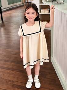 SHEIN Young Girl Solid Color Adorned Pocket Turn-Down Preppy Dress - Apricot - View 6