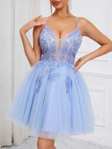 SHEIN Belle Elegant, Romantic And Cute Light Blue Spaghetti Strap Dress Featuring Deep V-Neck, Flowing Powder Mesh Contrast, 3D Glitter Design, High Waist A-Line Silhouette, Full Of Volume Umbrella Hem, Puff Princess And Ballet Style. Perfect For Music Festivals, Beach Vacations, Back-To-School Season, Graduation Season, Dances, Weddings, Receptions, Single Parties, Afternoon Tea, Dates, Gatherings, And Cocktail Parties Prom Semi Formal Wedding Guest Dress, For Birthday, Homecoming
