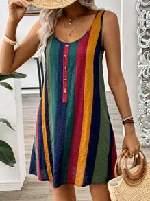 EMERY ROSE Colorful Wide-Striped Round Neck Sleeveless A-Line Suspender Dress, Spring/Summer