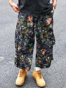 Manfinity EMRG Men's Vintage Camouflage Loose Wide Leg Capri Pants, Streetwear ,Camo Pants , Baggy Pants - Navy Blue - View 3