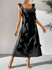 Chiquease Váy đi nghỉ màu trơn dành cho nữ có diềm xếp nếp và ruy băng - màu đen - Xem 4