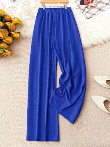 EMERY ROSE Pantalones anchos de talle alto con nudo sólido, cintura elástica, bolsillo en diagonal y tamaño extra grande - azul real - Ver 2