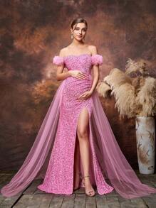 Maternity Off Shoulder Split Thigh Sequin Party Elegant Dress