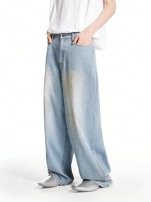 Chillumni Men's Light Blue Washed Faded Baggy Jeans - Light Wash - View 1