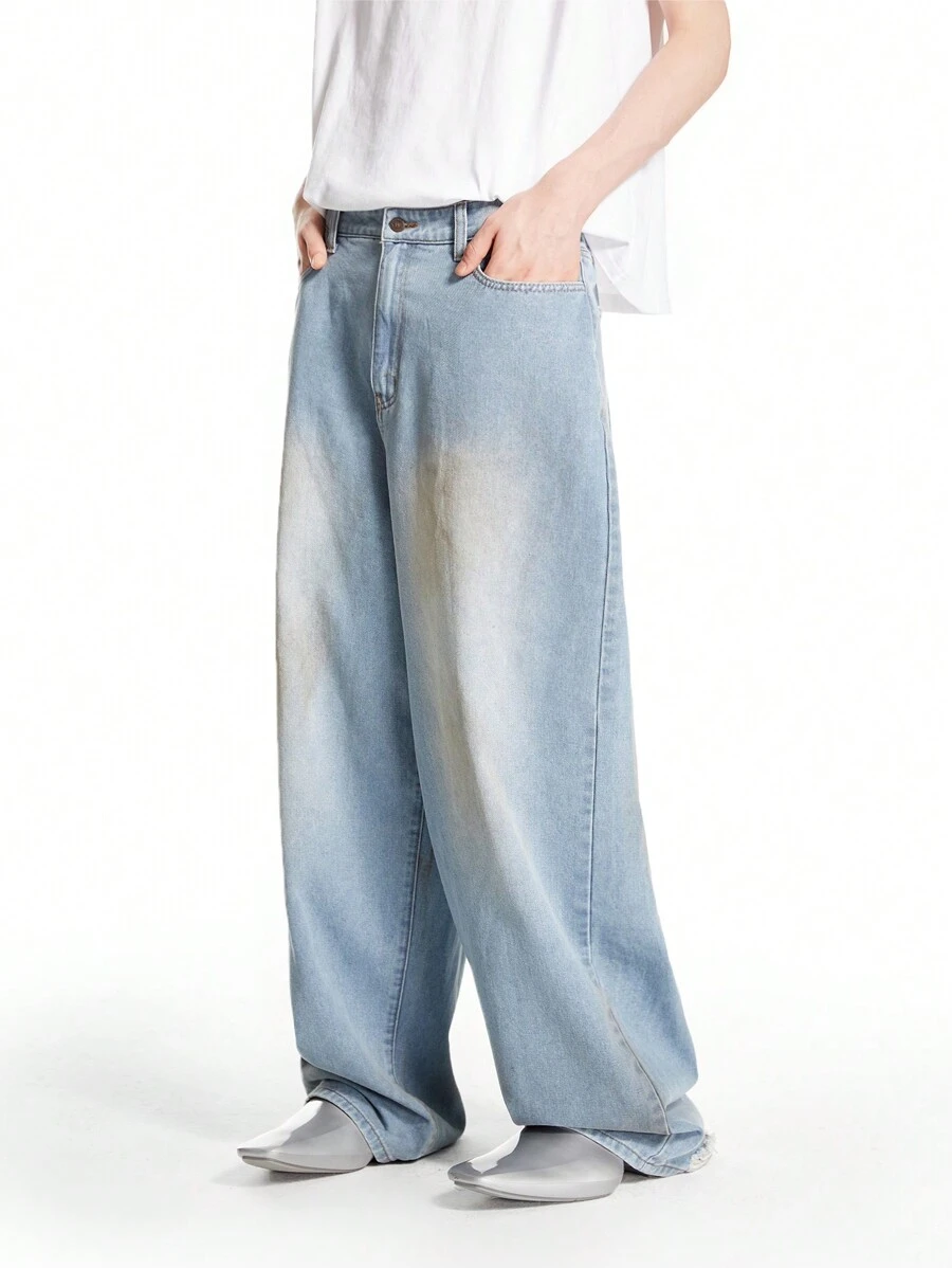Chillumni Men's Light Blue Washed Faded Baggy Jeans - Light Wash - View 1