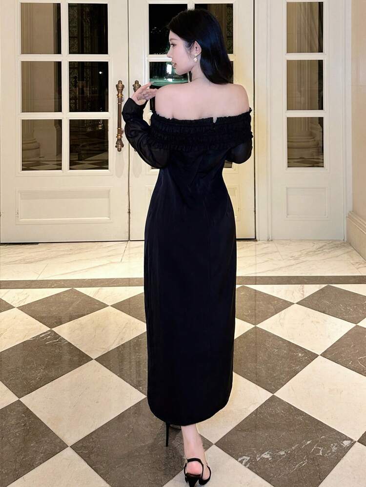Women Off-Shoulder Solid Color Splice Flared Sleeve Split Hem Dress, Birthday ,New Year Eve Prom Dress,Fall Dress Long Sleeve Dress Elegant Women Dresses Maxi Dress