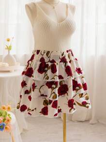 Soleia Kỳ nghỉ lãng mạn Hoa hồng họa tiết ren A-Line Eo cao xếp lớp Váy cỡ lớn - Nhiều màu - Xem 3