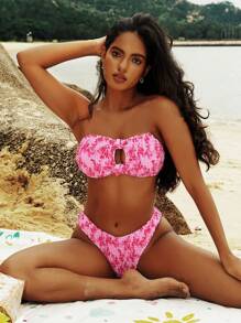 Swim Mod Women's Summer Beach Ditsy Ditsy Floral Hollow Out Sexy Bikini Set, Random Print