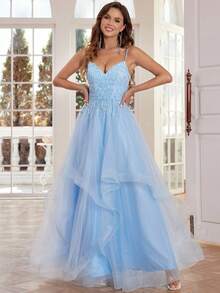 Luxury Lace Prom Dresses Long With Puffy Hem 3D Flower Rhinestone Spaghetti Strap Tulle Ball Gown Hand Beading V Neck Formal Evening Gowns Lace Up Back Homecoming Dresses For Teens - Baby Blue - View 6