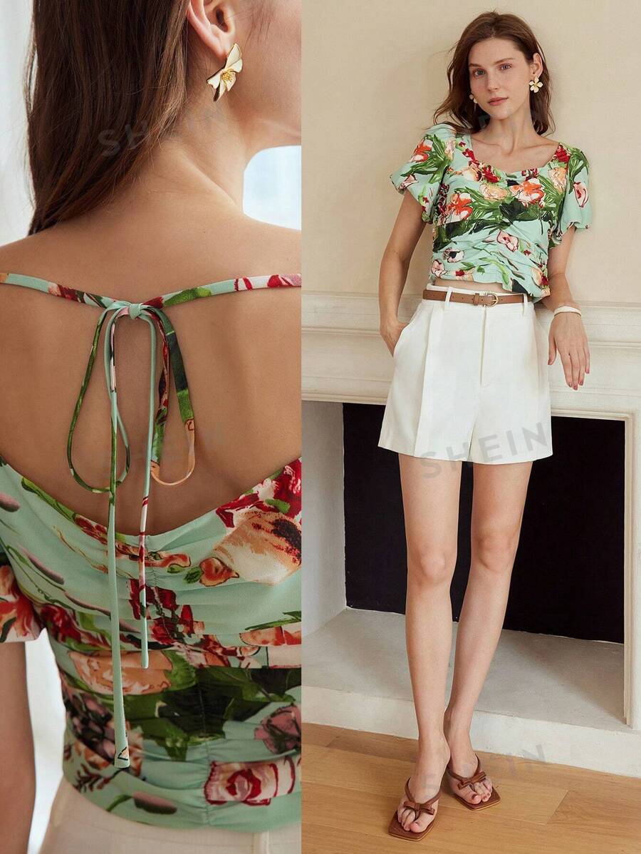 MOTF PREMIUM Bluse mit Plants-Muster, Sweetheart-Ausschnitt, rückenfrei, Puffärmeln mit gerafften Bündchen und gebundener Rückseite - Pink - Übersicht 1