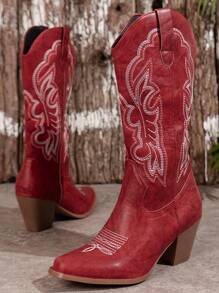 Suéter bordado de talla grande para mujer, estilo con botas vaqueras de tobillo con corset, botas vaqueras, botas de vaquera, Coachella, de puntera en punta gruesa con corte en V, nueva temporada primavera/otoño 2024 - Rojo - Ver 5