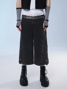 Manfinity Roghcode Men's Eyelet Embellished Wide-Leg Loose-Fit Denim Shorts, Streetwear - Dark Grey - View 5