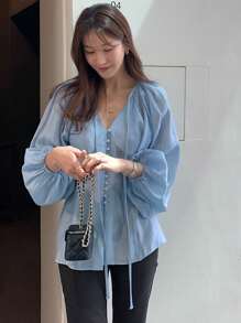 DAZY Women's Solid Color Tie Cuff Lantern Sleeve Elegant Blouse,Fall Women Clothes Long Sleeve Top - Blue - View 8