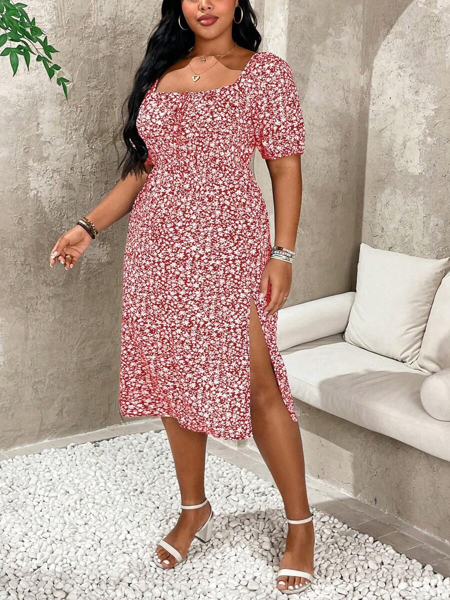 Celure Vestido de verano con estampado floral pequeño y abertura lateral para tallas grandes - Rojo - Ver 1