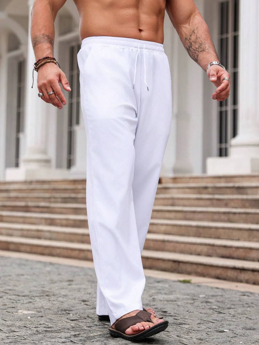 Manfinity Homme Pantalon décontracté pour homme avec cordon de serrage à la taille, jambe droite et coupe ample de couleur unie - Blanc - Voir 1