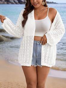 SHEIN Frenchy 大碼露空長袖夏日假日開衫 - 白色 - 查看 9